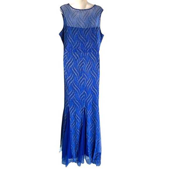 Elegant Blue Sleeveless Evening Gown With Shimmering Detail & Sheer Neckline - Picture 2 of 8